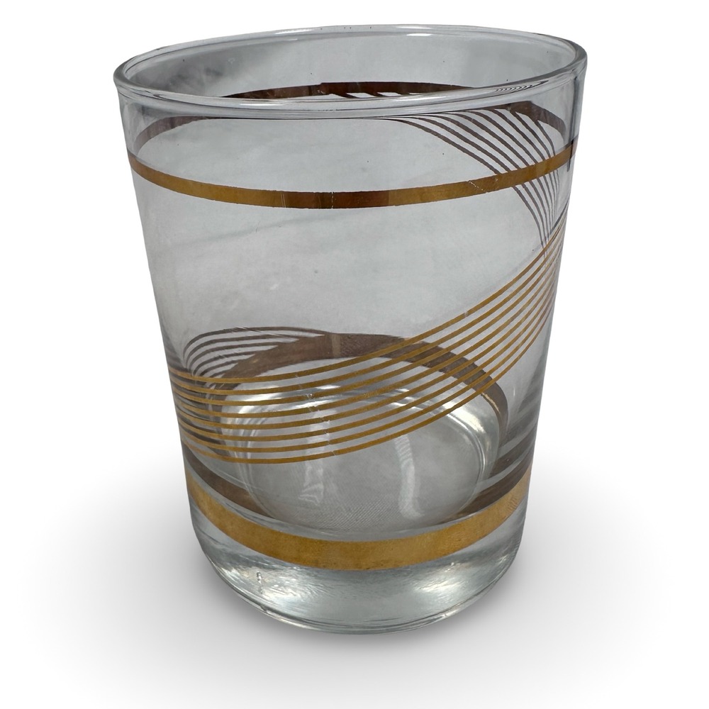 Libbey Lifestyles Gold Swirl Lowball Glass MCM Vintage Clear Tumbler USA 4.25in
